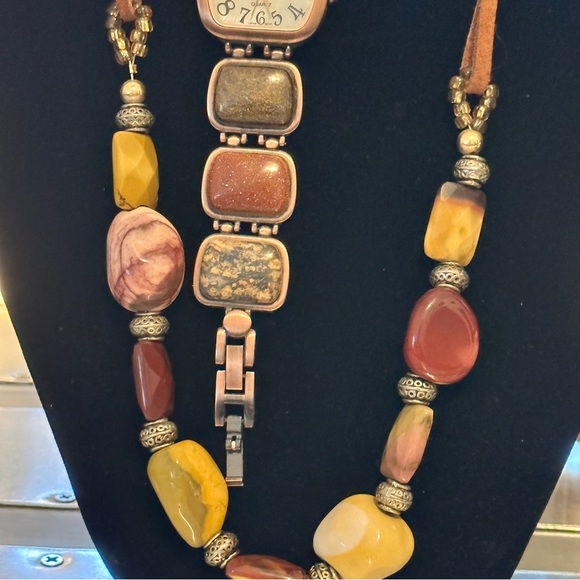 ladies Versales watch & necklace antique, natural polished rocks inlay in copper - Picture 12 of 14